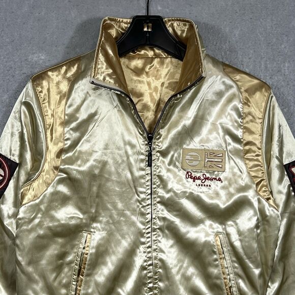 VTG Pepe Jeans London Bomber Varsity Jacket Reversible Gold Satin Women’s LARGE - Picture 2 of 15
